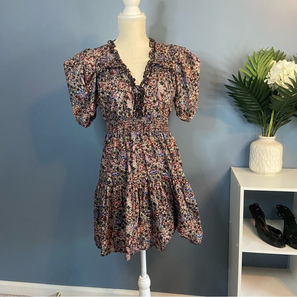 INA Dark Floral Puffy Short Sleeve Smocked Tiered Mini Dress - Picture 2 of 13